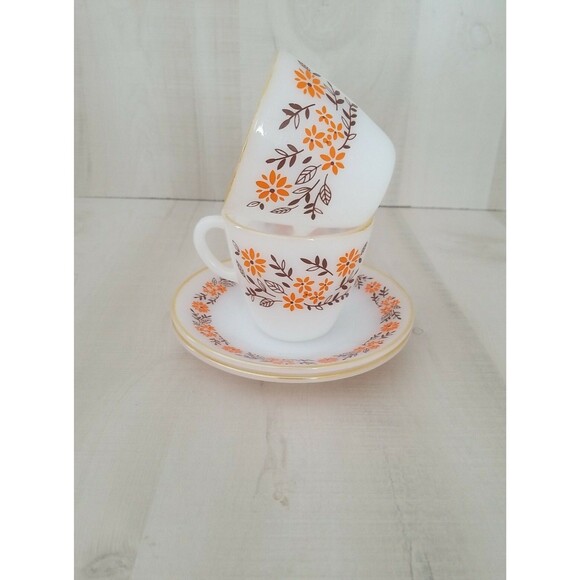 Vintage Crisa 2 Cups and Saucers set of 4 Brown leaves Orange flowers - Picture 3 of 4